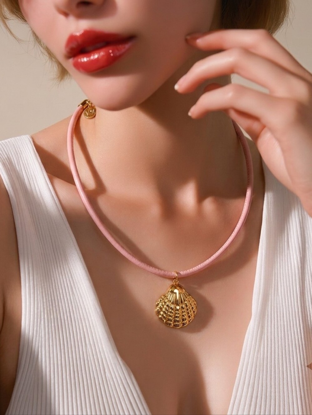 Mayamar Pink Leather Cord Shell Necklace & Gift Bag